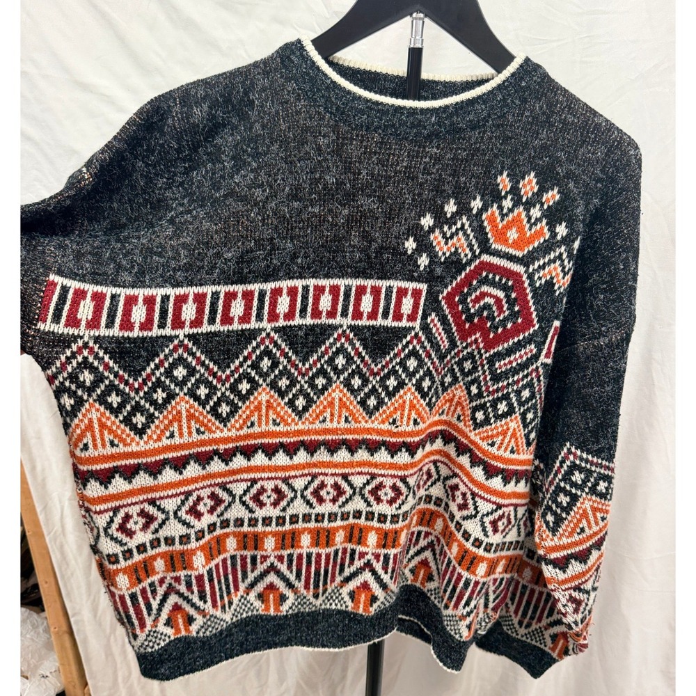 Vintage The Mens Store at Sears Southwestern Geometric Sweater XL Charcoal 80s - Picture 2 of 6